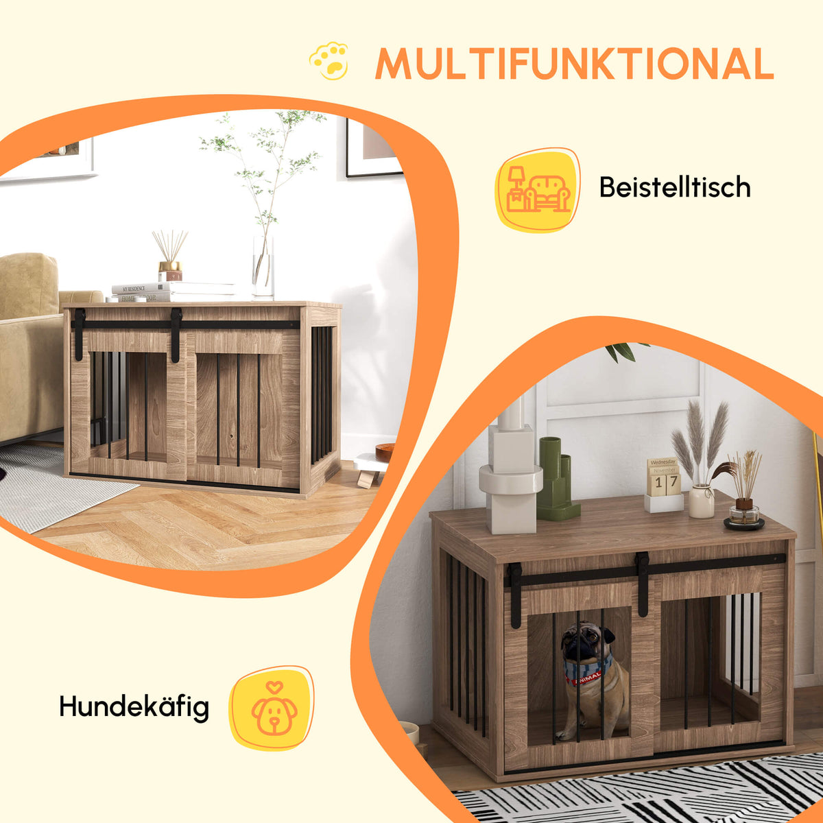 PawHut Käfig Hundehütte für Haustiere innen mit Schiebetür, Metall Holzoptik, Maße 57H x 80L x 54B cm
