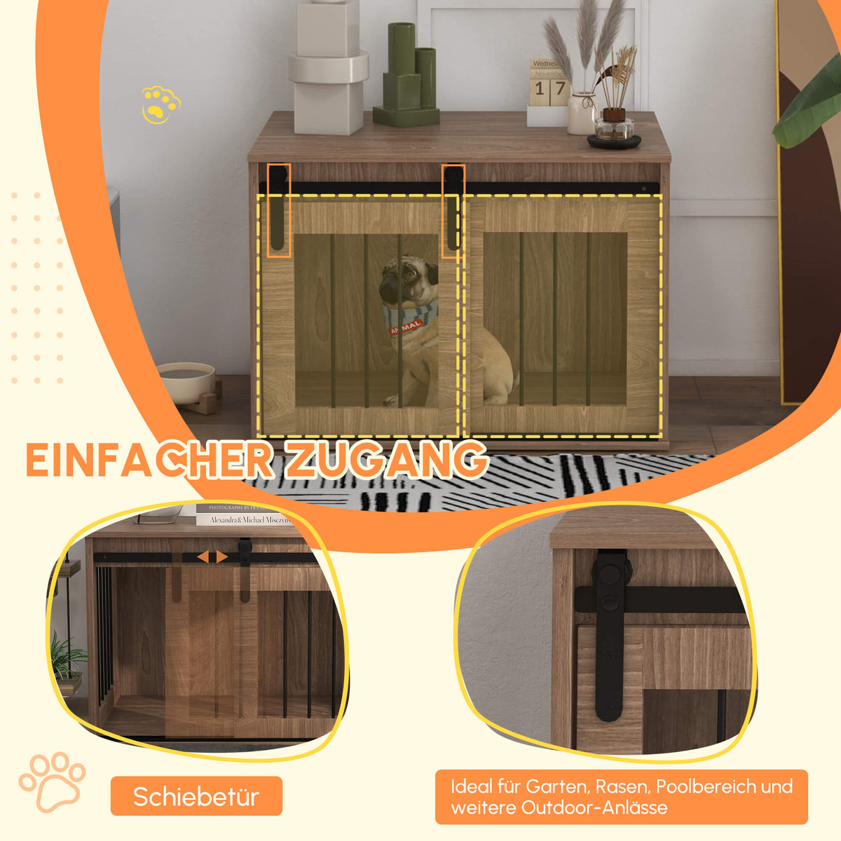 PawHut Käfig Hundehütte für Haustiere innen mit Schiebetür, Metall Holzoptik, Maße 57H x 80L x 54B cm