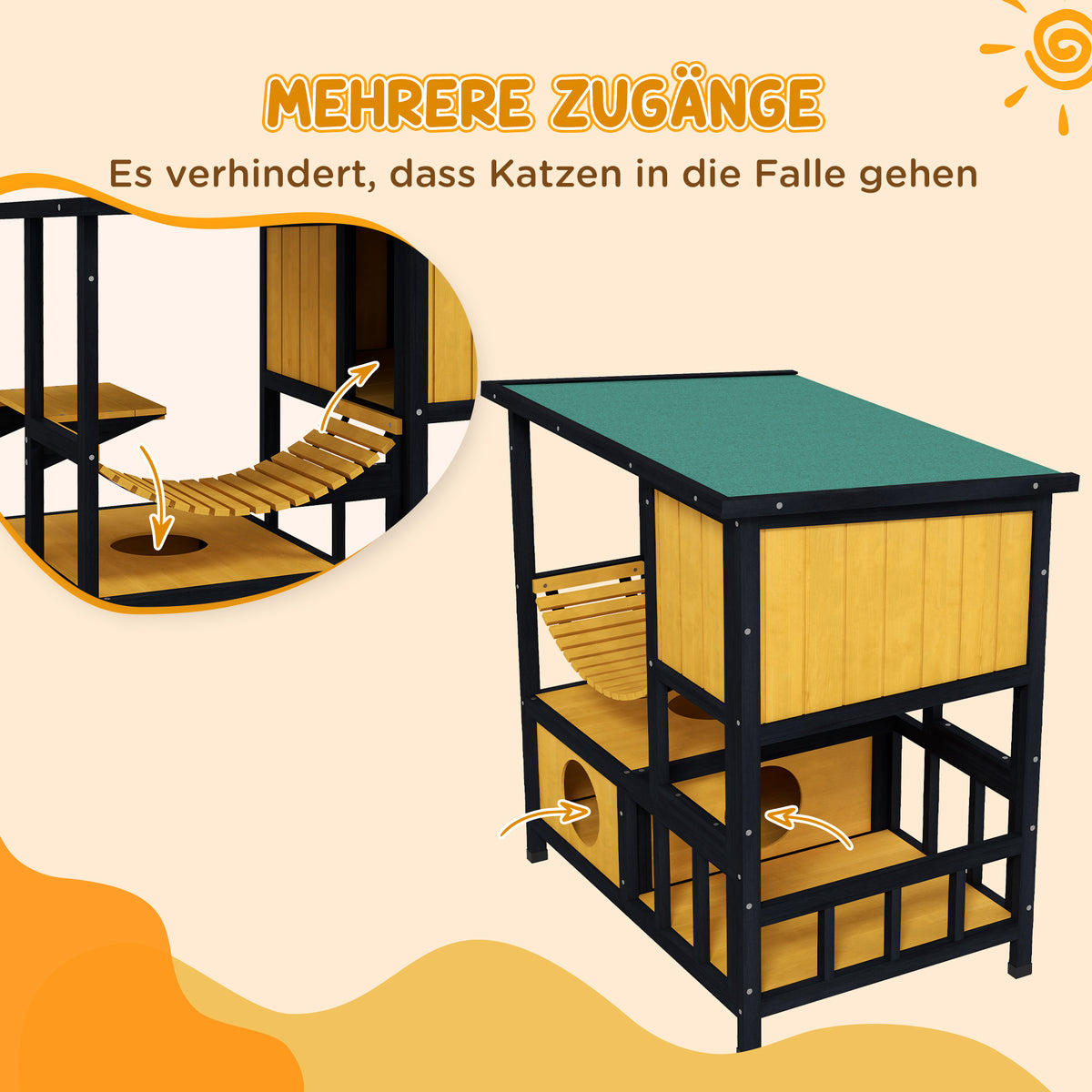 PawHut Katzenhaus Katzenhütte Katzenhöhle, wetterbeständig, 1 Rampe, 1 Plattform,  84,5 x 60 x 88 cm, Grün + Natur