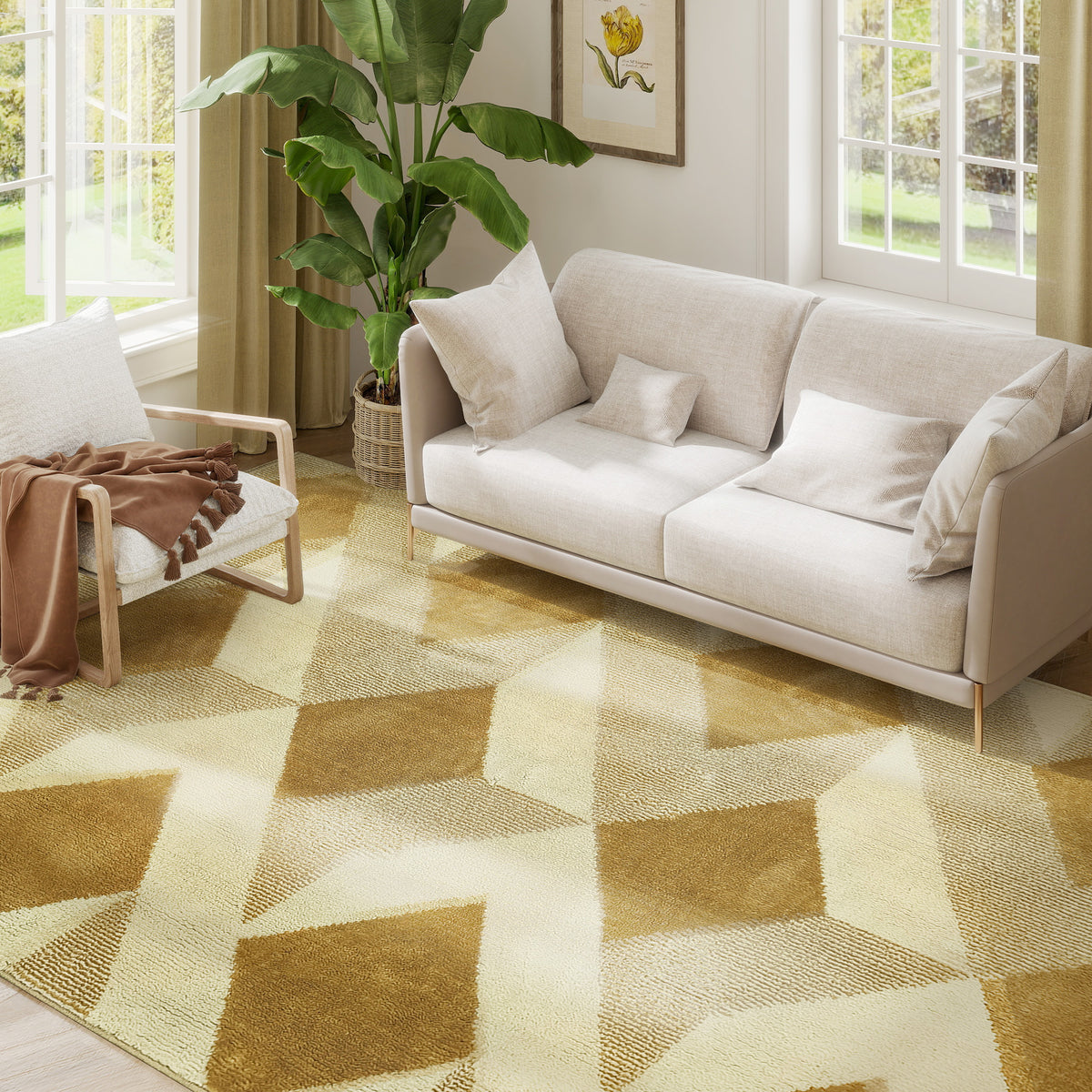 HOMCOM Teppich Wohnzimmer 230 x 160 cm Kurzflor maschinenwaschbar hypoallergen für Wohnzimmer, Schlafzimmer, Büro, Gelb