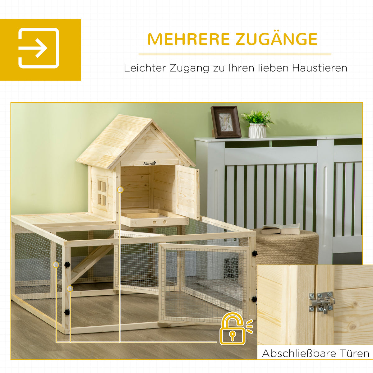 PawHut Kaninchenstall, 1 Rampe, 1 Nistkasten, 1 Bodenwanne, 151,5 x 106 x 97 cm