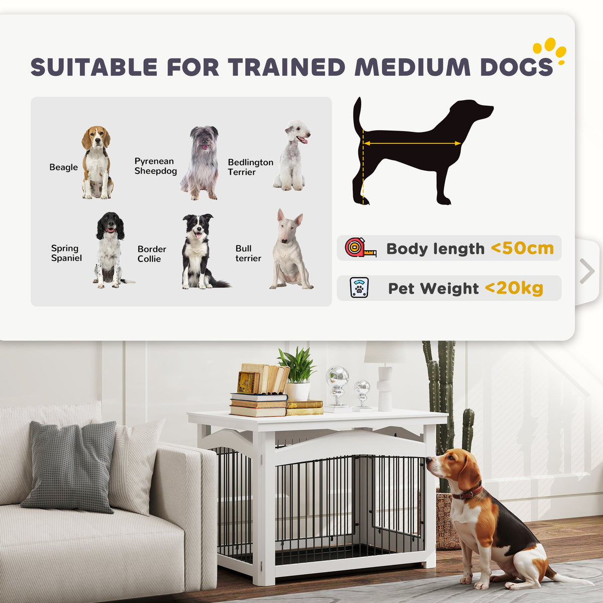 PawHut Hundekäfig 3-in-1 Beistelltisch Hundepark abnehmbares Tablett für mittelgroße Hunde 82,5 x 57,5 x 59,5 cm weiß