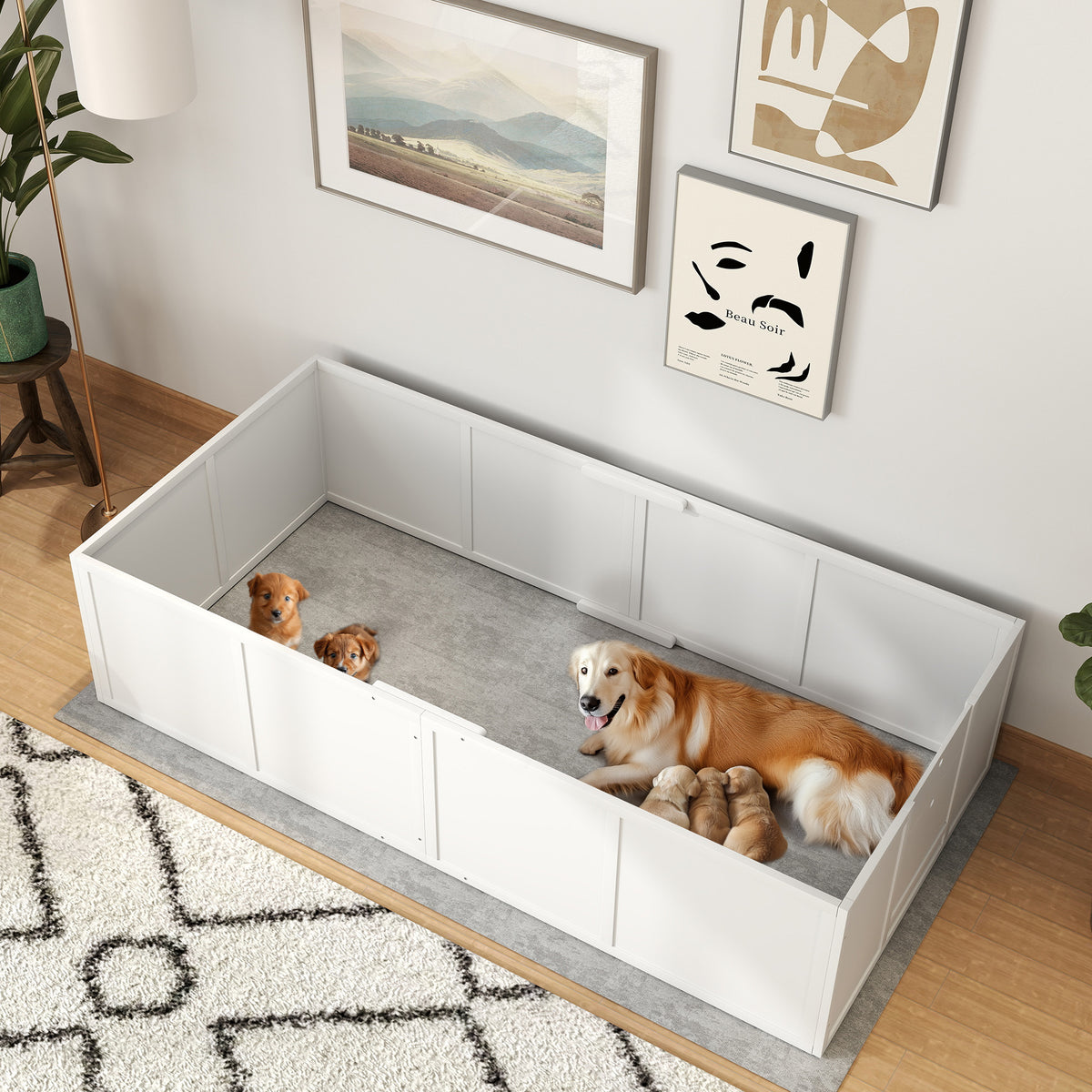 PawHut Hunde-Wurfbox für Hunde und Welpen, mit verstellbaren Eingängen, für große und kleine Hunde, 196 x 96 x 48 cm, Weiß