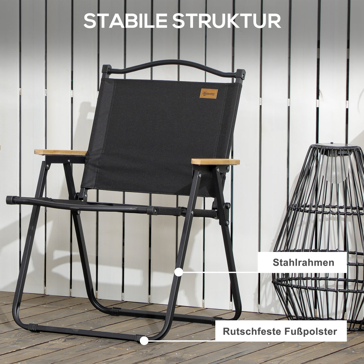 Outsunny Campingstühle, 2 x Strandstuhl, faltbar, Stahl, Holzoptik, Schwarz
