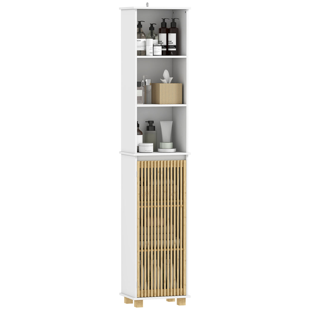 HOMCOM Badezimmerschrank, Badezimmerschrankspeicher mit Bambustür und offenen Fächern, weiß