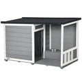 PawHut Hundehütte aus Massivholz, mit 2 Fressnäpfen, Veranda, wetterbeständig, 103 cm x 62 cm x 66 cm, Grau + Weiß