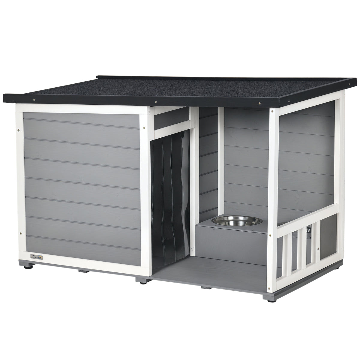 PawHut Hundehütte aus Massivholz, mit 2 Fressnäpfen, Veranda, wetterbeständig, 103 cm x 62 cm x 66 cm, Grau + Weiß