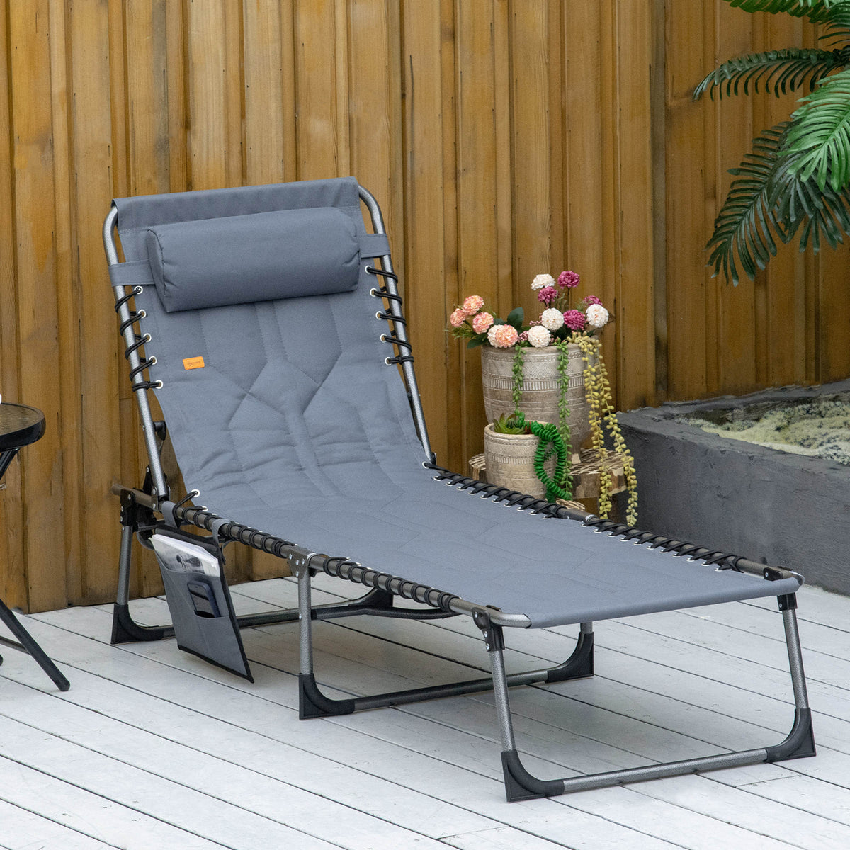 Outsunny Sonnenliege, Faltbare Gartenliege, Klappliege mit Kissen, 5-stufige Rückenlehne, Oxfordstoff, 188 x 57 x 30 cm, Grau