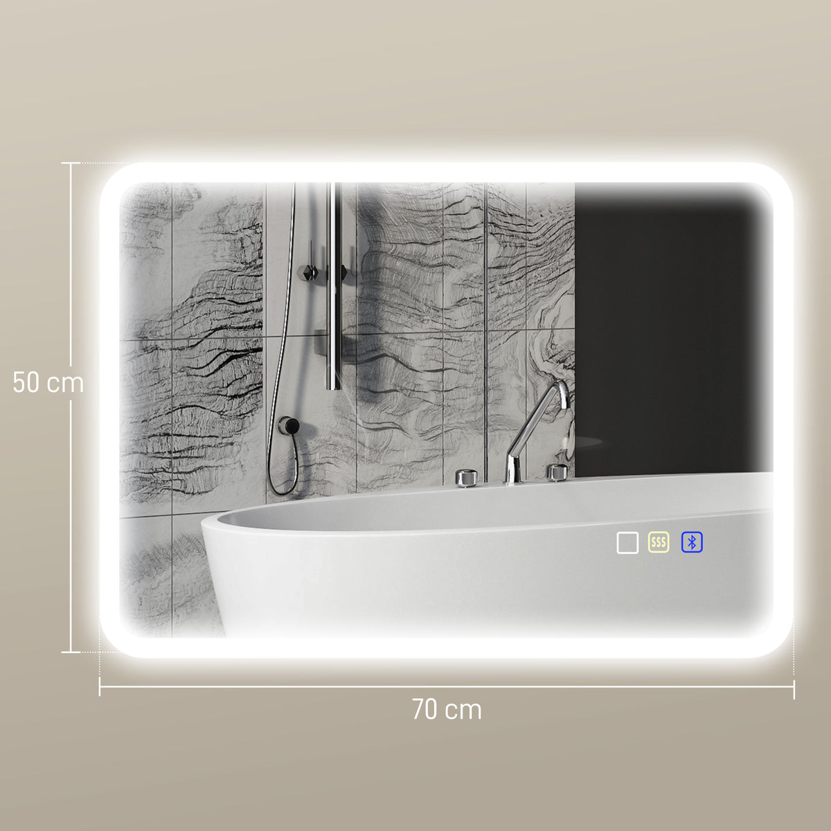 HOMCOM Badezimmerspiegel LED Bluetooth 50 x 70 cm Touch-Schalter einstellbares Licht 3 Farben Anti-Beschlag Speicher Silber