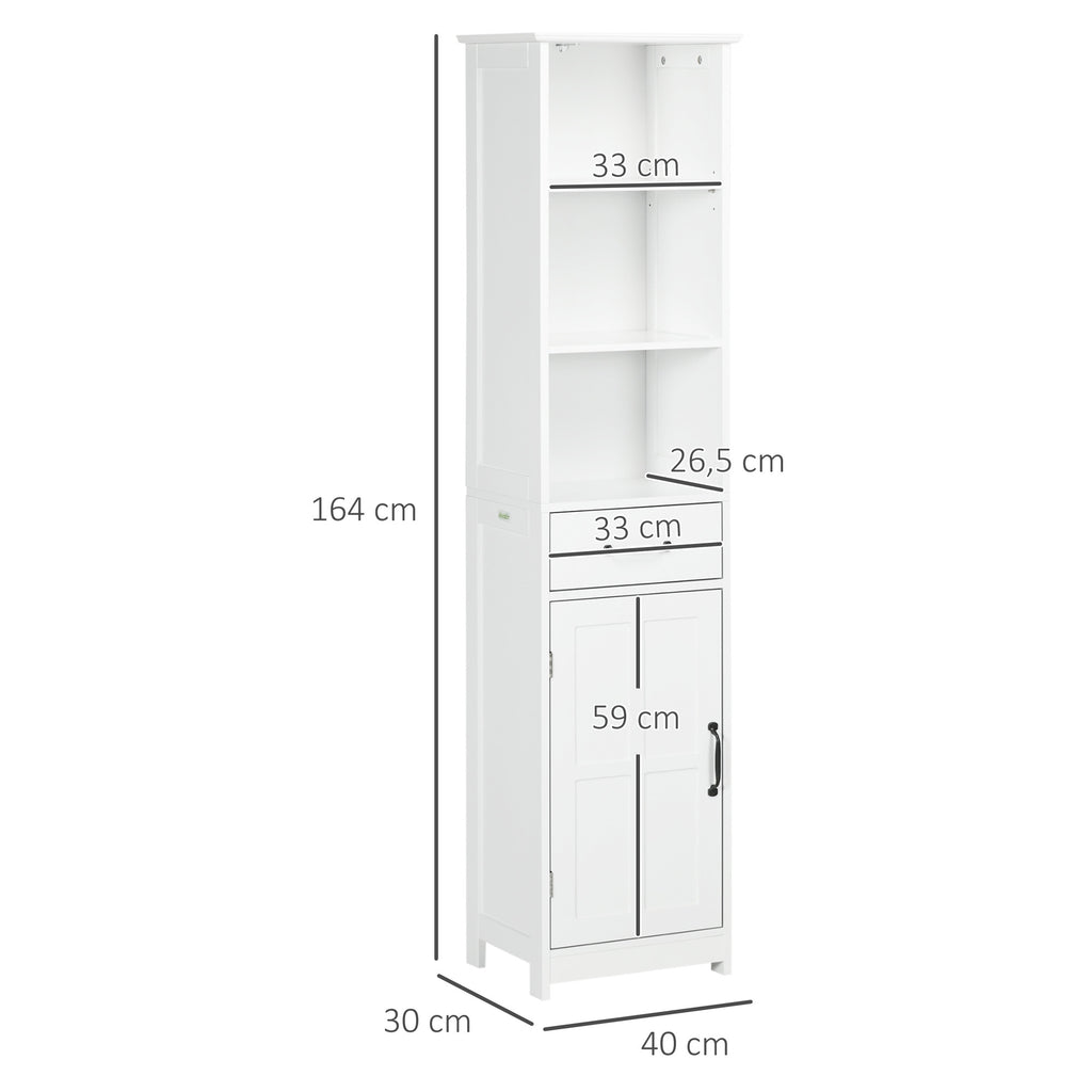 kleankin Badezimmerschrank mit 3 offenen Fächern, Schublade und verstellbarem Regal, 40 x 30 x 164 cm, weiß