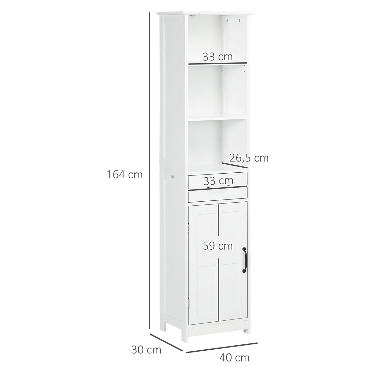 kleankin Badezimmerschrank mit 3 offenen Fächern, Schublade und verstellbarem Regal, 40 x 30 x 164 cm, weiß