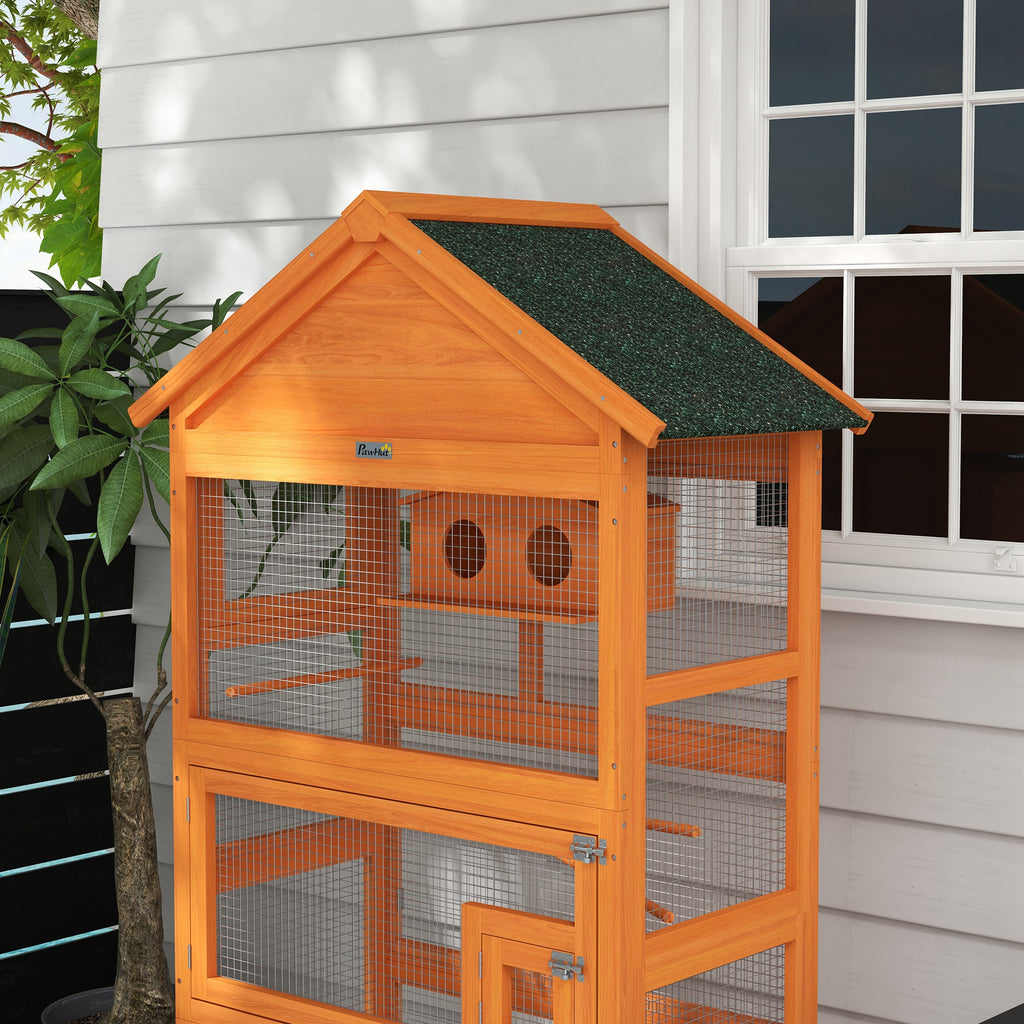 PawHut Vogelkäfig aus Holz, Papageienkäfig, Spielbereich, wasserdichtes Asphaltdach, 92 x 52 x 171 cm, Orange