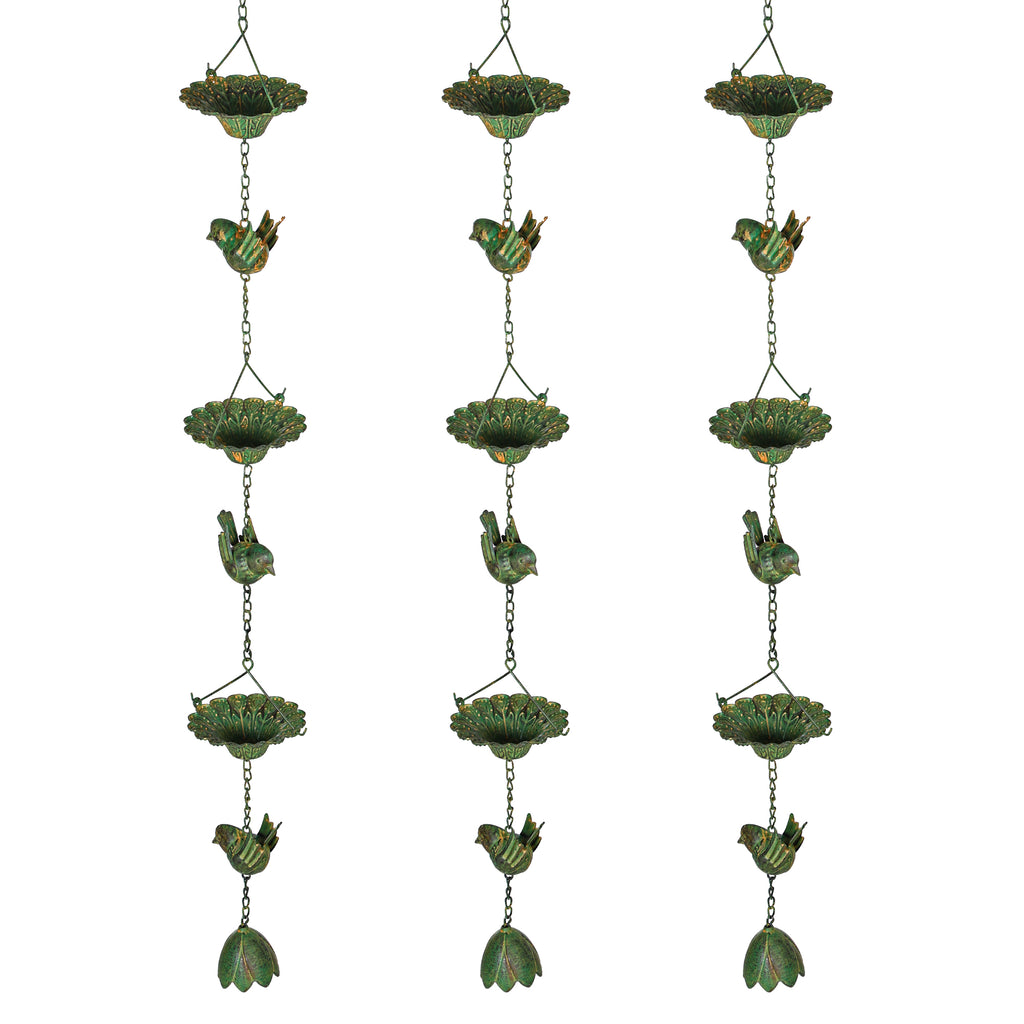Outsunny 3er Set Regenkette 123cm Regenablaufkette aus Metall Ablaufkette mit befestigtem Aufhänger Vögeln Bell Grün