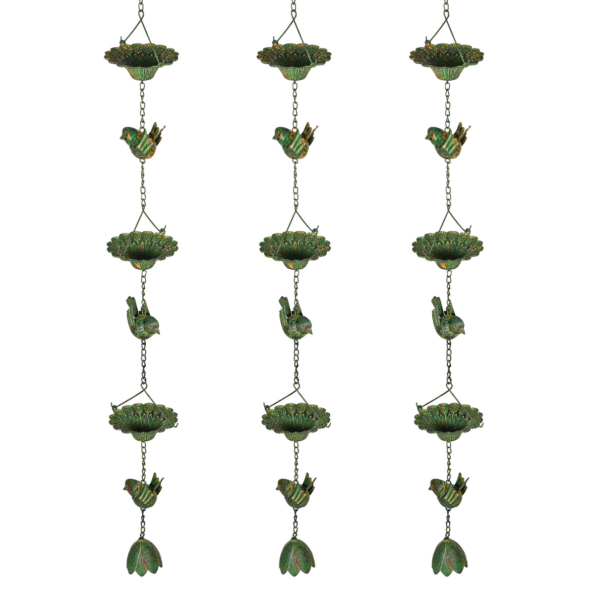 Outsunny 3er Set Regenkette 123cm Regenablaufkette aus Metall Ablaufkette mit befestigtem Aufhänger Vögeln Bell Grün