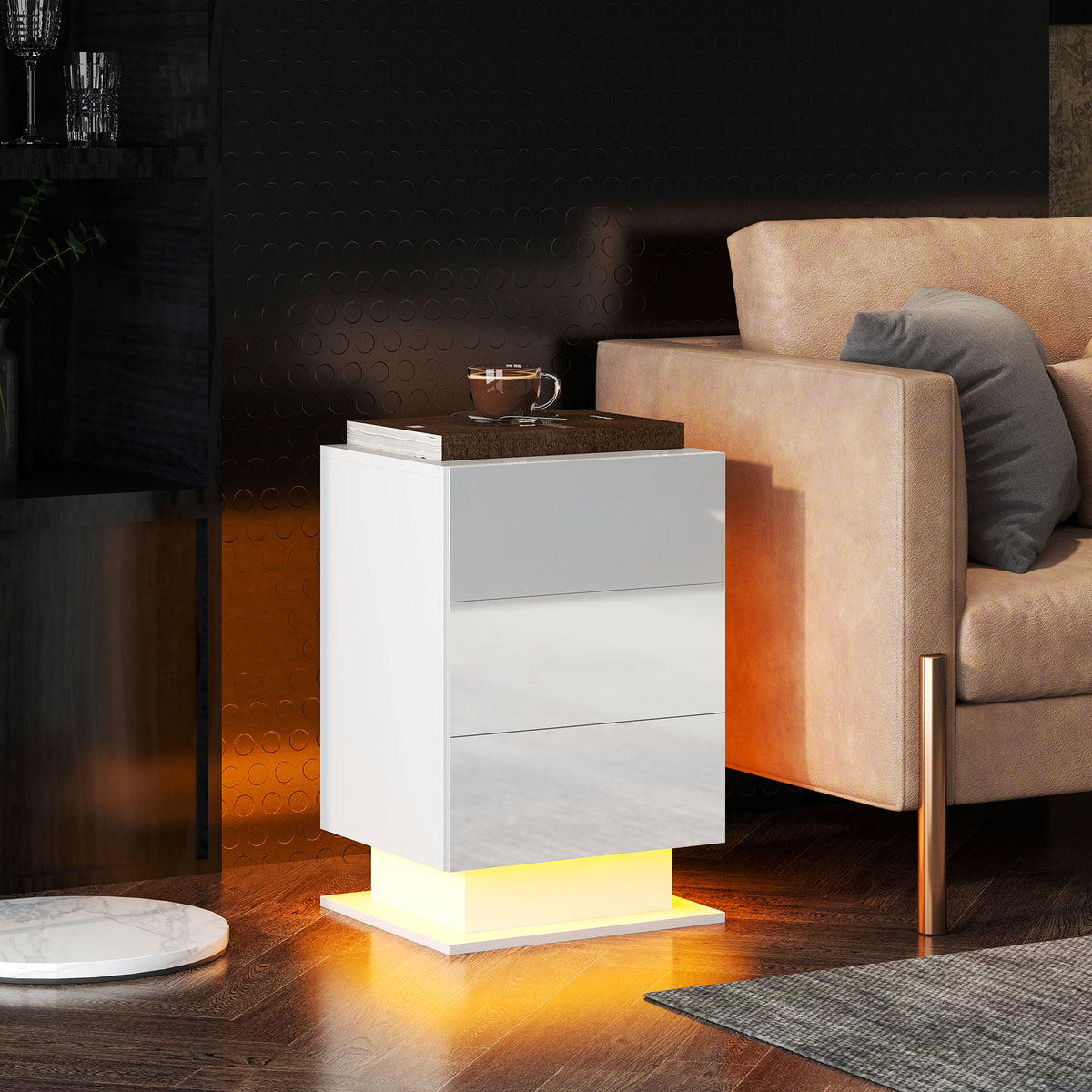 HOMCOM Moderner Nachttisch mit Einstellbarer LED-Licht und Fernbedienung, 40x35x60 cm, Glänzendes Weiß