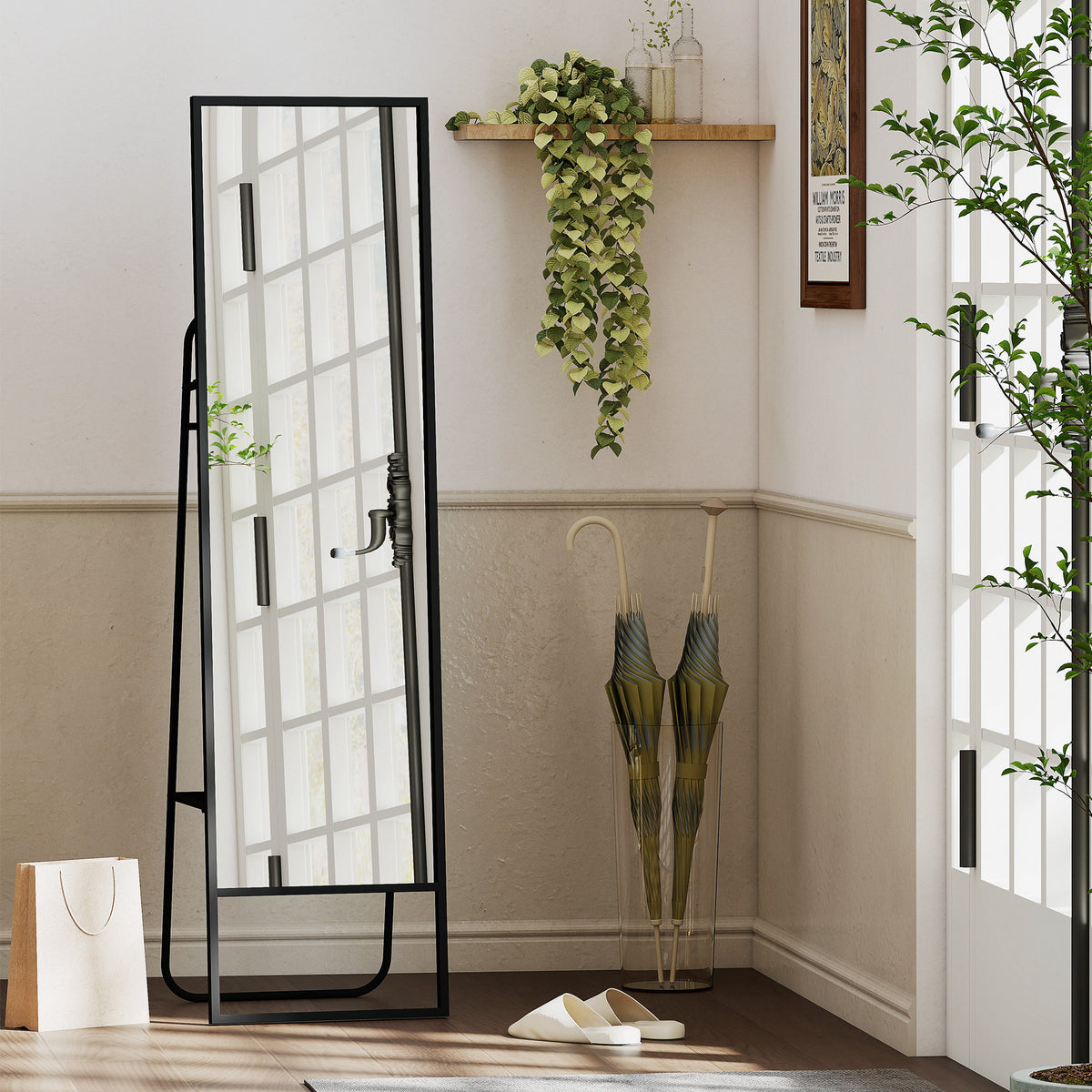 HOMCOM Standspiegel 148,5 x 40 cm rechteckig mit hinterem Regal, 2 Haken und Metallrahmen, Schwarz