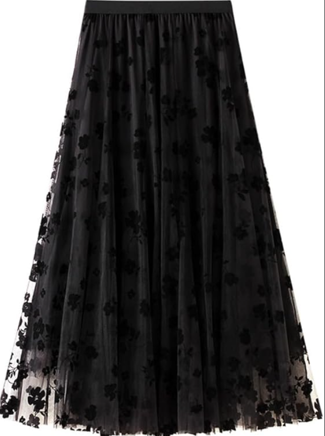 Womens Floral Midi Skirt High Waisted A Line Cute Layered Fairy Mesh Tulle Pleated Skirt