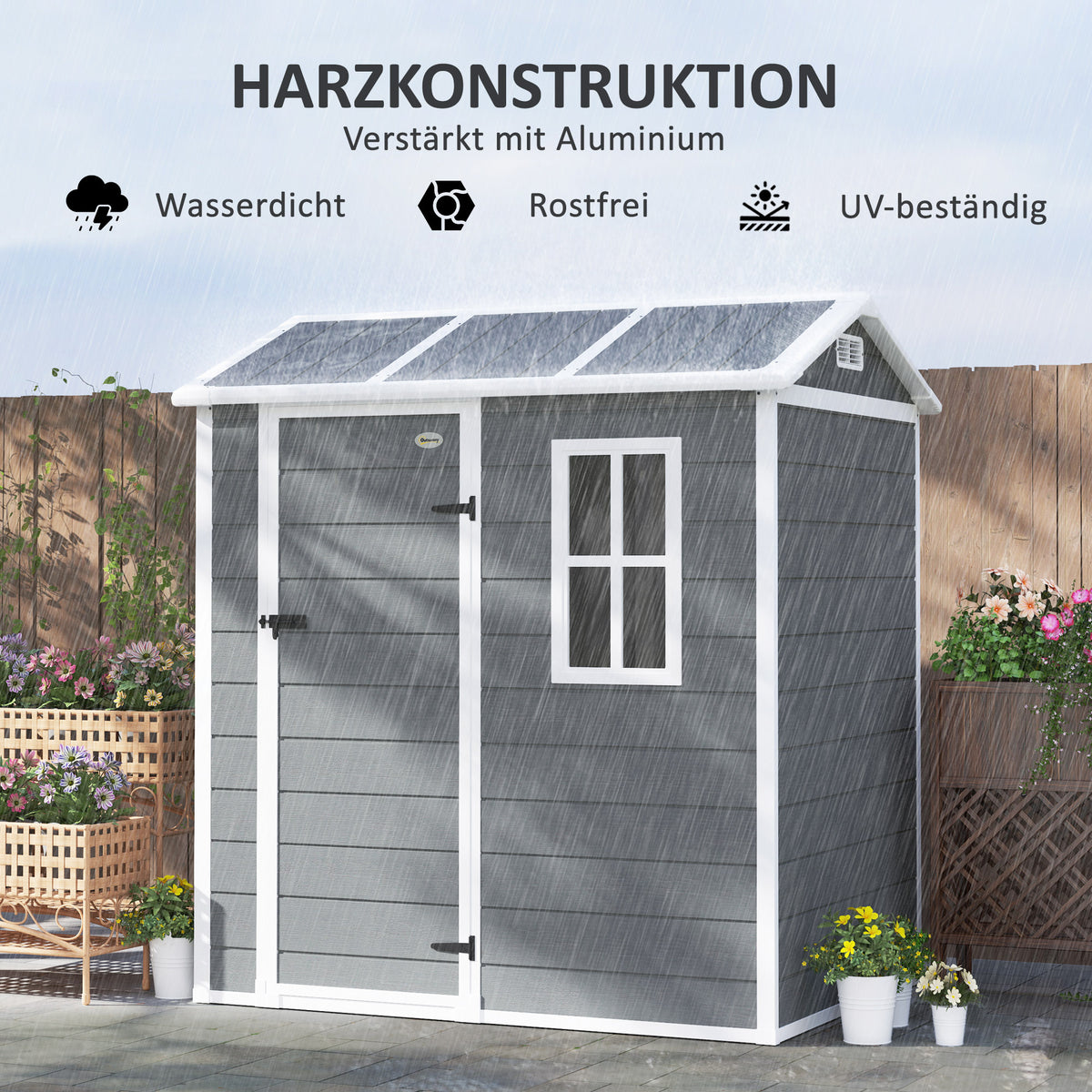 Outsunny Gartenhaus, Gartenschuppen mit Boden, Fenster, verschließbarer Tür, Kunststoff-Harz, wetterfest, Grau