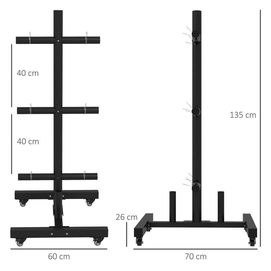 SPORTNOW Hantelscheibenablage, 6 Tragarme, 2 Hülsen für Hantelstangen, bis 200 kg, Stahl, 70 x 60 x 135 cm, schwarz