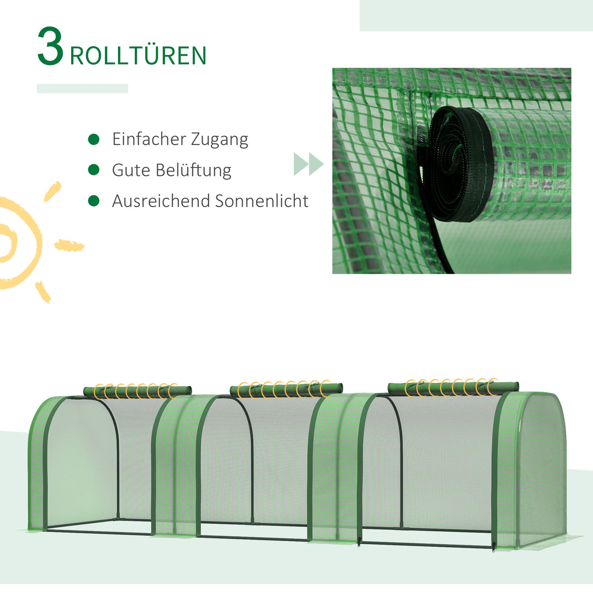Outsunny Foliengewächshaus, drei aufrollbare Türen, robuste Plane, Stahlrahmen, grün, 2,95 x 1 x 0,8 m