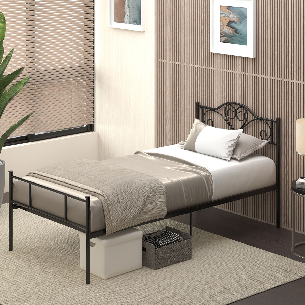 HOMCOM Einzelbett Rahmen aus Stahl mit Integrierten Latten, Kopf- und Fußteil, 90x200cm