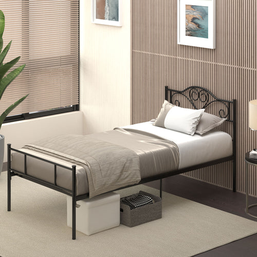 HOMCOM Einzelbett Rahmen aus Stahl mit Integrierten Latten, Kopf- und Fußteil, 90x200cm