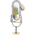 HOMCOM Ovaler Standspiegel mit Holzregal, 4 Haken und Metallrahmen, 50 x 40 x 175,5 cm, Schwarz