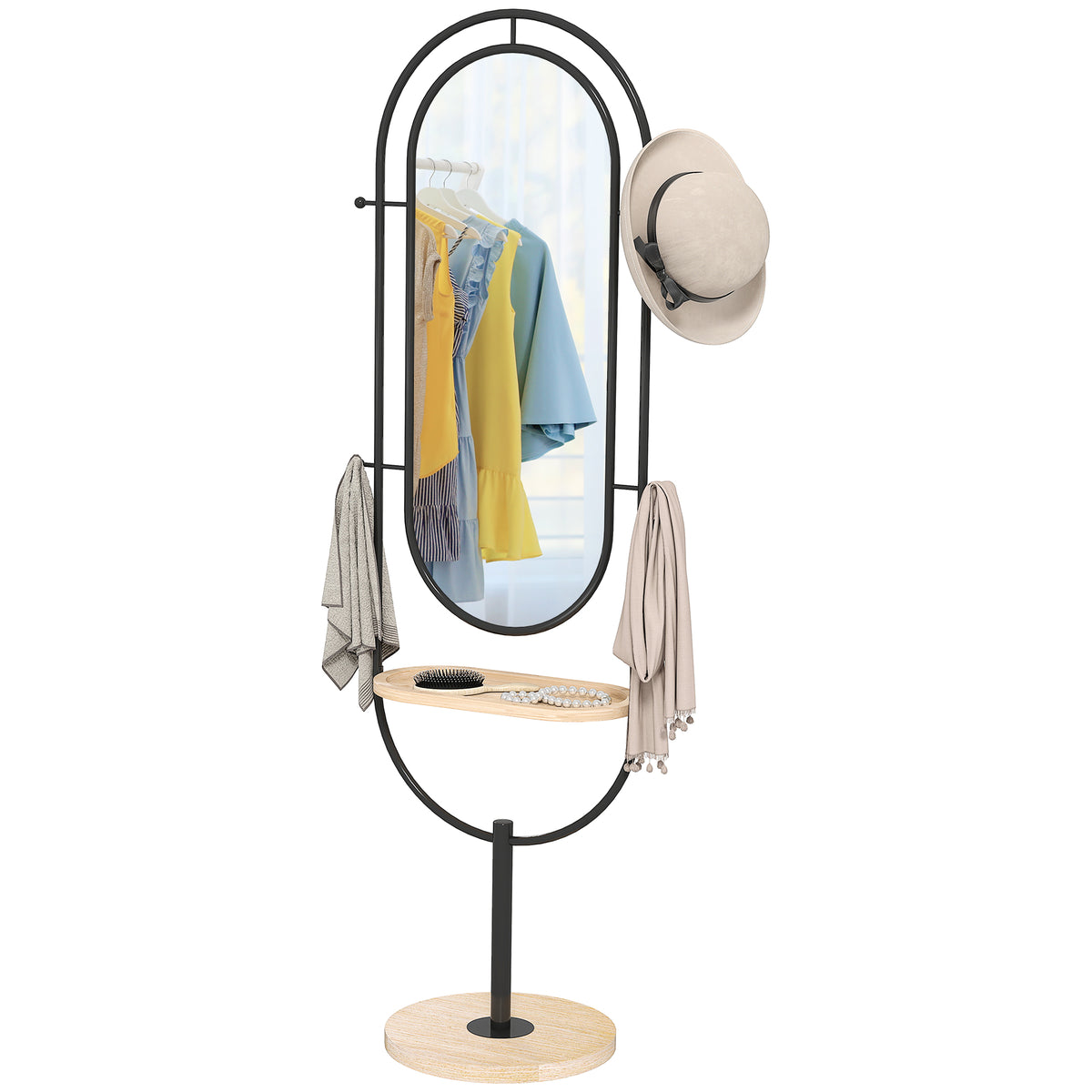 HOMCOM Ovaler Standspiegel mit Holzregal, 4 Haken und Metallrahmen, 50 x 40 x 175,5 cm, Schwarz