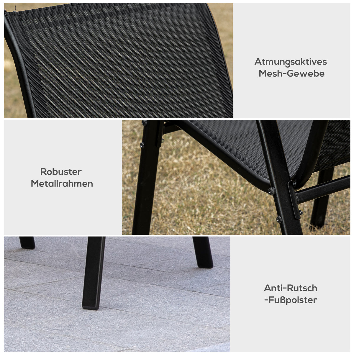 Outsunny Gartenstuhl 2er Set wetterfest Gartenstühle Stapelstuhl mit Armlehne Rückenlehne stapelbar Terrassenstuhl bis 120 kg belastbar Gartenmöbel für Hinterhof, Garten, Balkon Schwarz