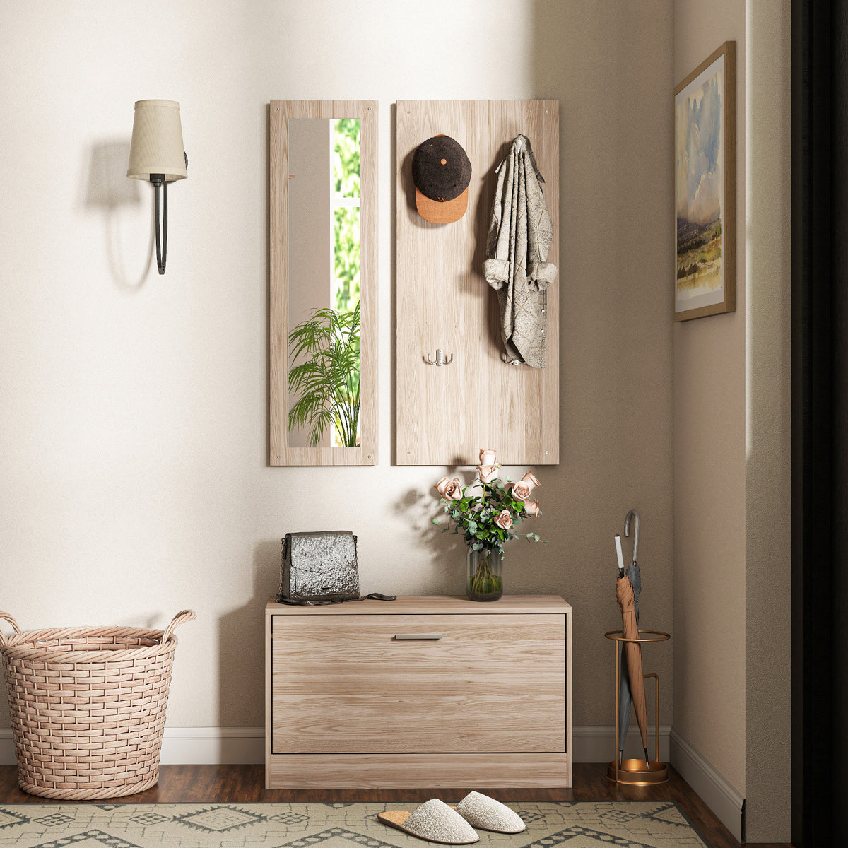 HOMCOM Set Möbel Eingang mit Schuhbank, Wandgarderobe und Spiegel, 80x27x46.5 cm, Dunkelbraun