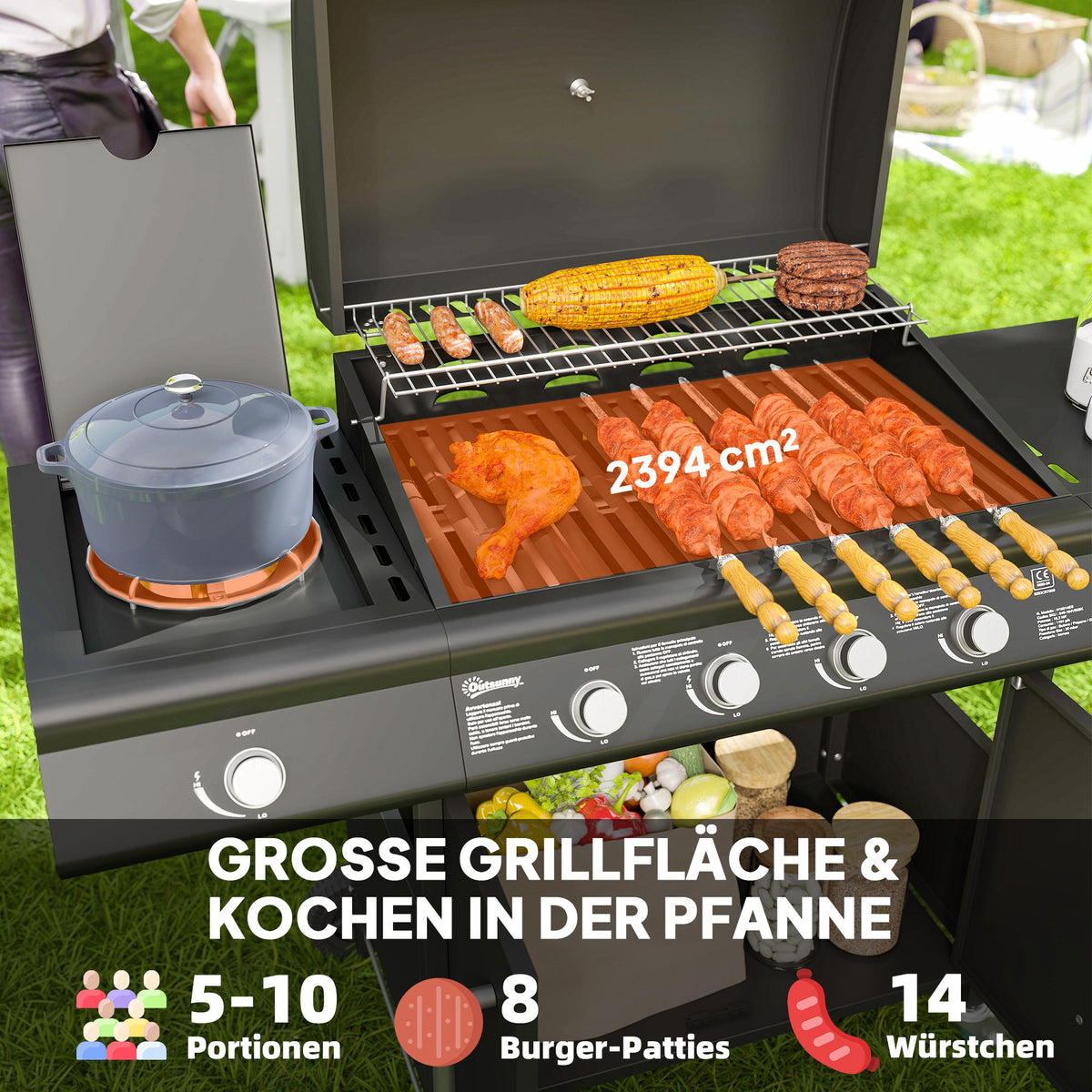 Outsunny Gasgrill 15,2 KW Grillwagen inkl 5 Edelstahl-Brenner Rolle Seitenkocher 129,5 x 56 x 110 cm Schwarz