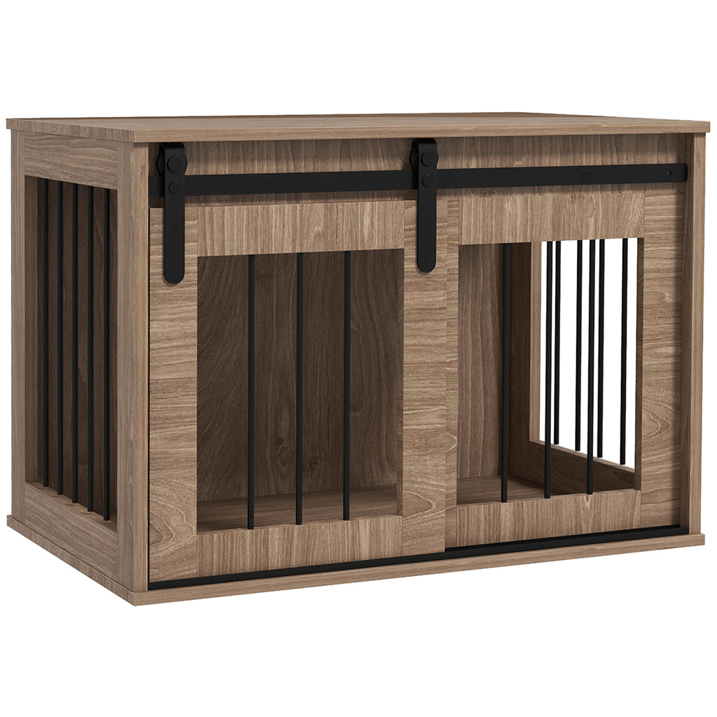 PawHut Käfig Hundehütte für Haustiere innen mit Schiebetür, Metall Holzoptik, Maße 57H x 80L x 54B cm