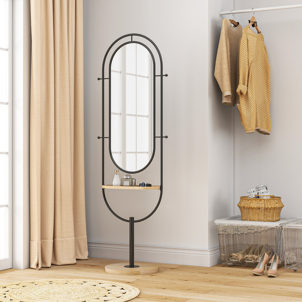 HOMCOM Ovaler Standspiegel mit Holzregal, 4 Haken und Metallrahmen, 50 x 40 x 175,5 cm, Schwarz