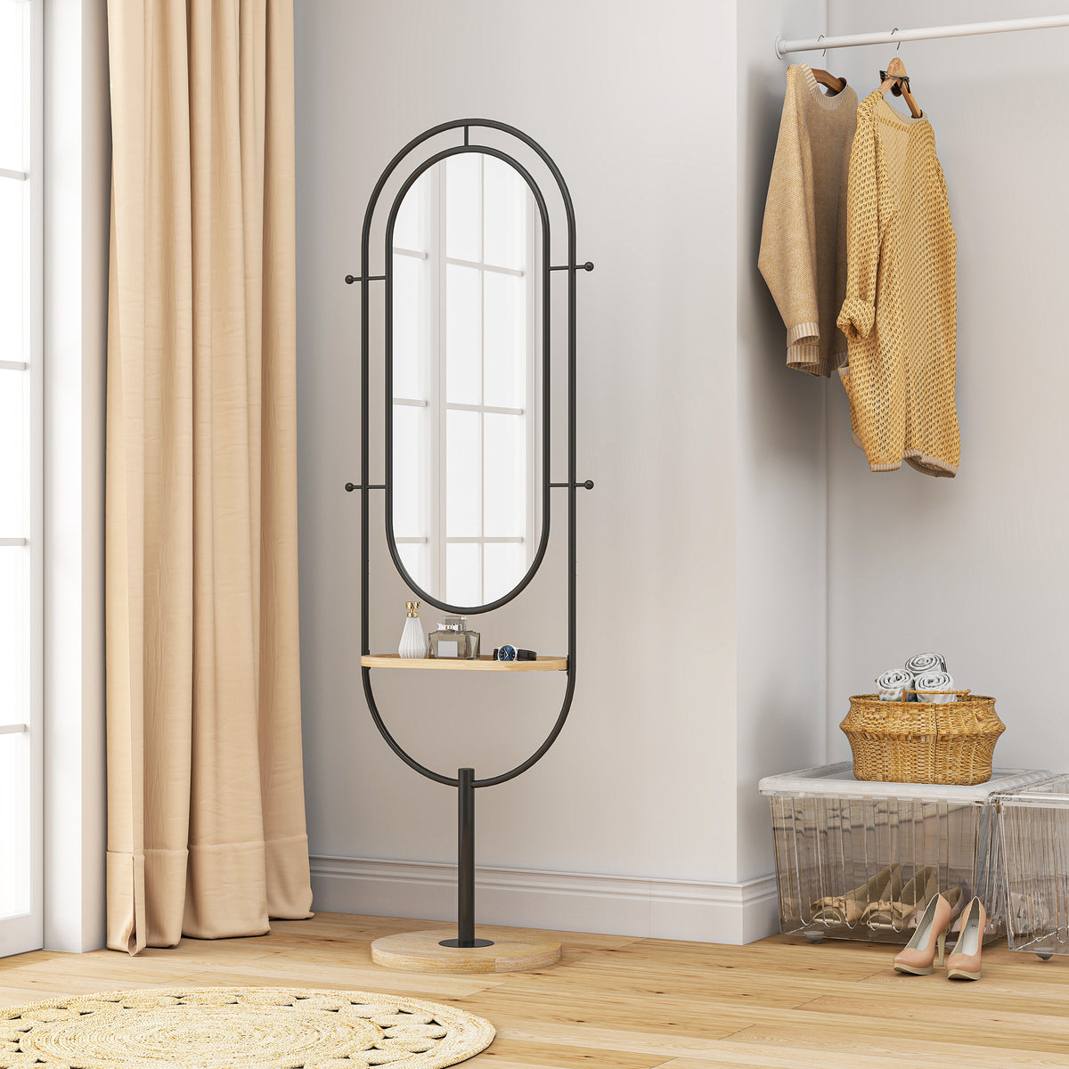 HOMCOM Ovaler Standspiegel mit Holzregal, 4 Haken und Metallrahmen, 50 x 40 x 175,5 cm, Schwarz