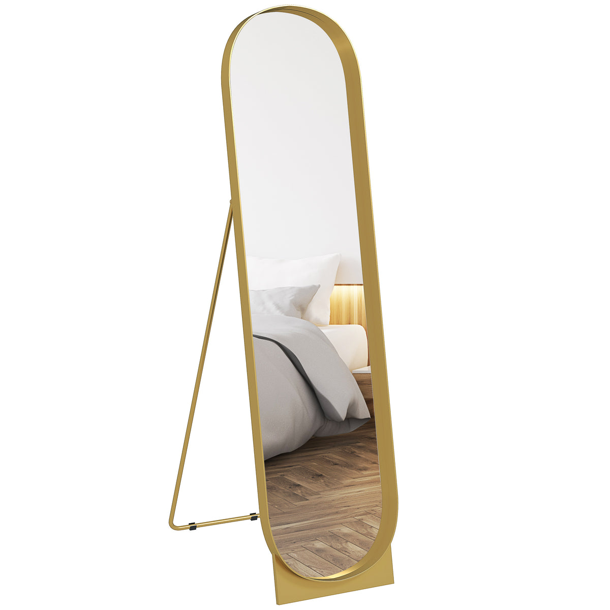 HOMCOM Bodenstehender gewölbter Spiegel 40 x 160 cm Metallrahmen und bruchsichere Folie Boden- oder Wandmontage Gold