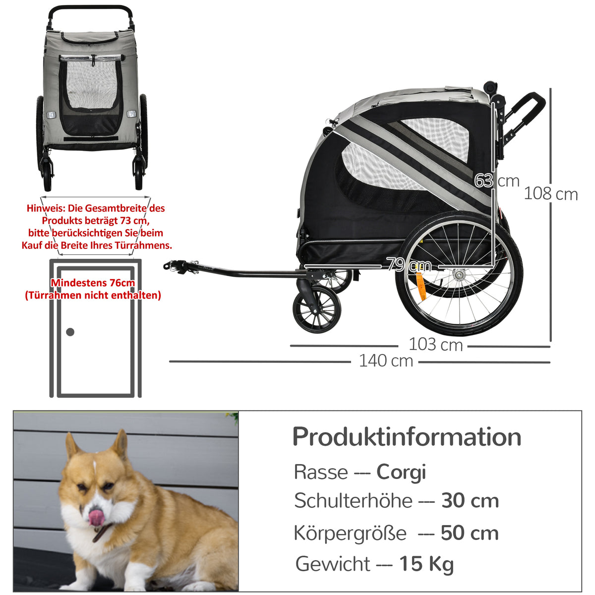 PawHut 2-in-1 Hundeanhänger Hundewagen Fahrradanhänger bis 20kg wasserfest Sicherheitsleine Reflektoren 140 cm x 72, 5 cm x 108 cm Grau