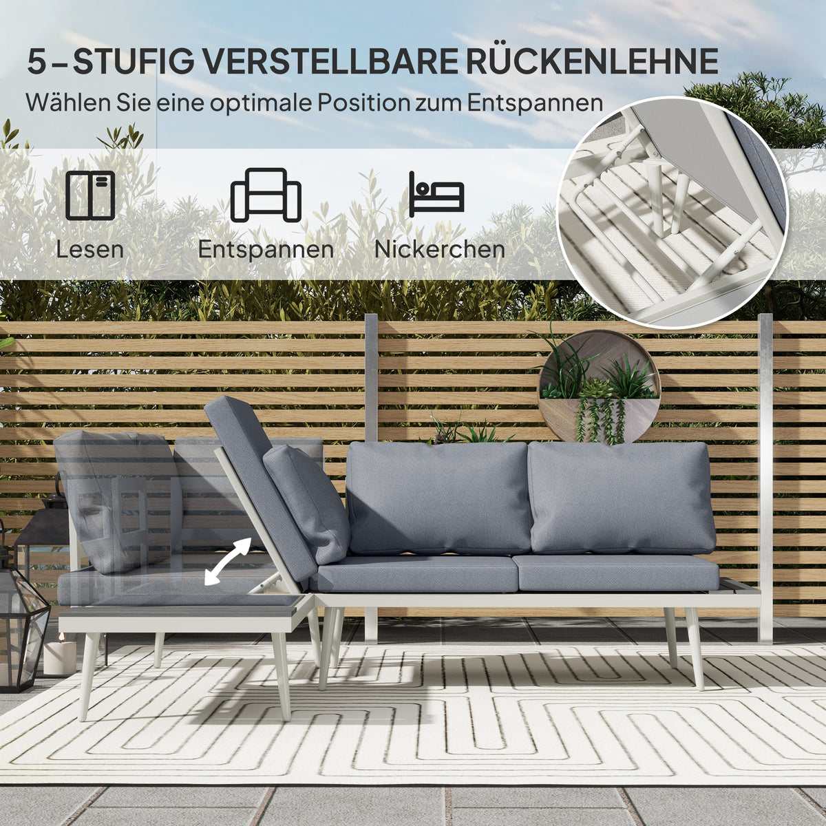 Outsunny Gartenmöbel Set 4 Personen wetterfest Balkonmöbel-Set mit 2er Sofa, Kissen Beistelltisch Stahl Grau