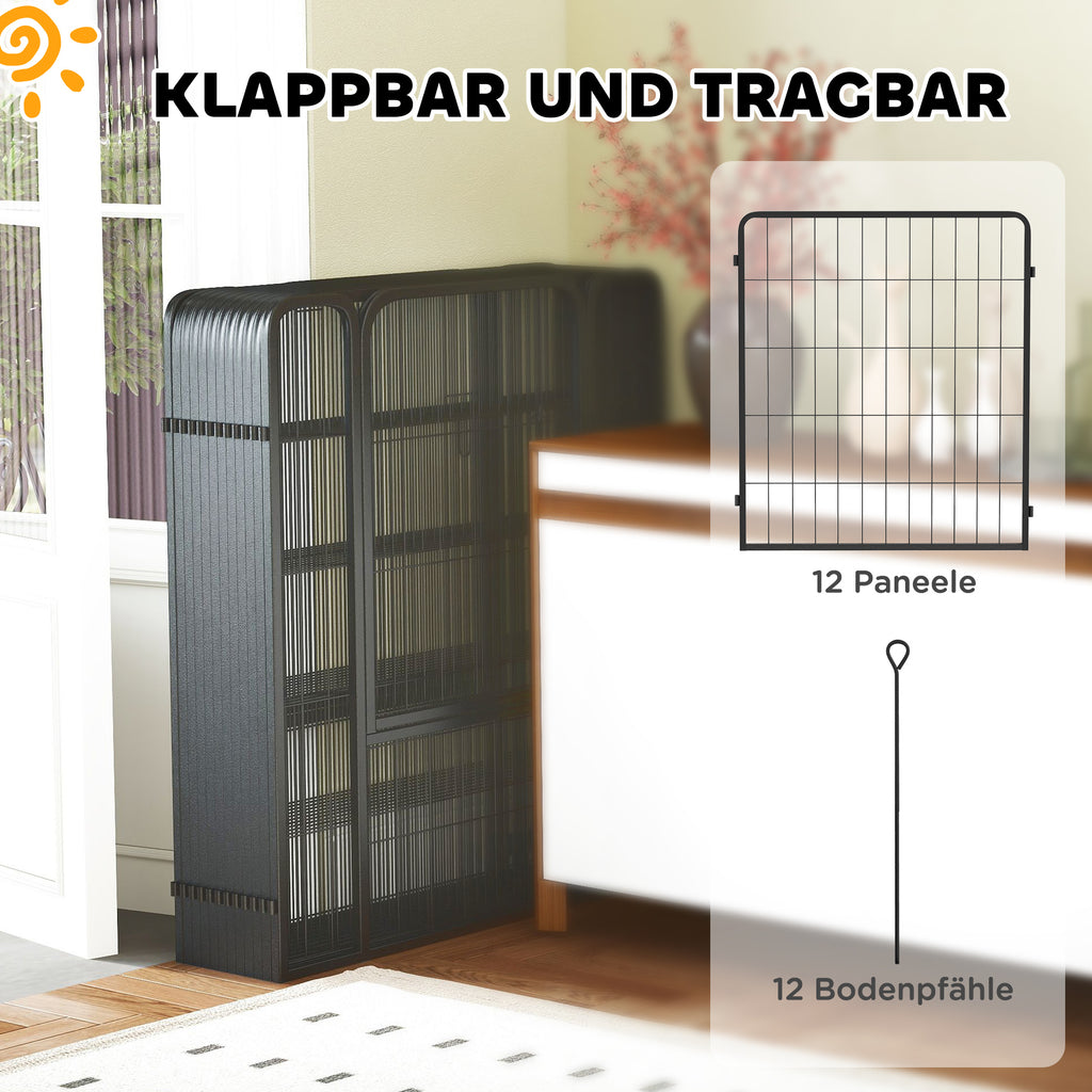 PawHut Welpenlaufstall 12-teilig Welpenauslauf mit 12 Gitterplatten Tür Erdspießen flexibel faltbar Schutzplane 100cm hoch