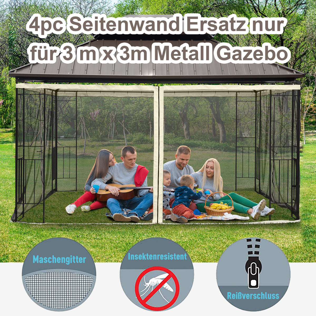 Outsunny Moskitonetz für 3x3 Pavillon 4 Seitenteile Fliegennetz mit Haken Reißverschluss Mückennetz Insektenschutz Fliegengitter Nylon-Mesh Schwarz