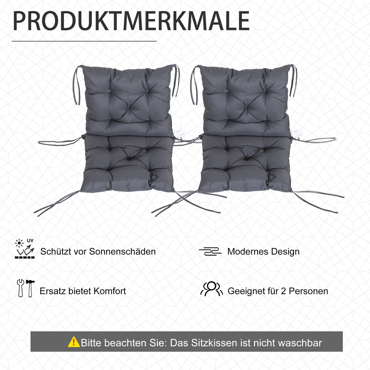 Outsunny 2er-Set Sitzkissen, 98cm x 50cm x 8cm Stuhlkissen mit Bänder, Polsterauflage, waschbar/Ergonomische Sitzpolster für Haus, Garten, Sofa, Grau