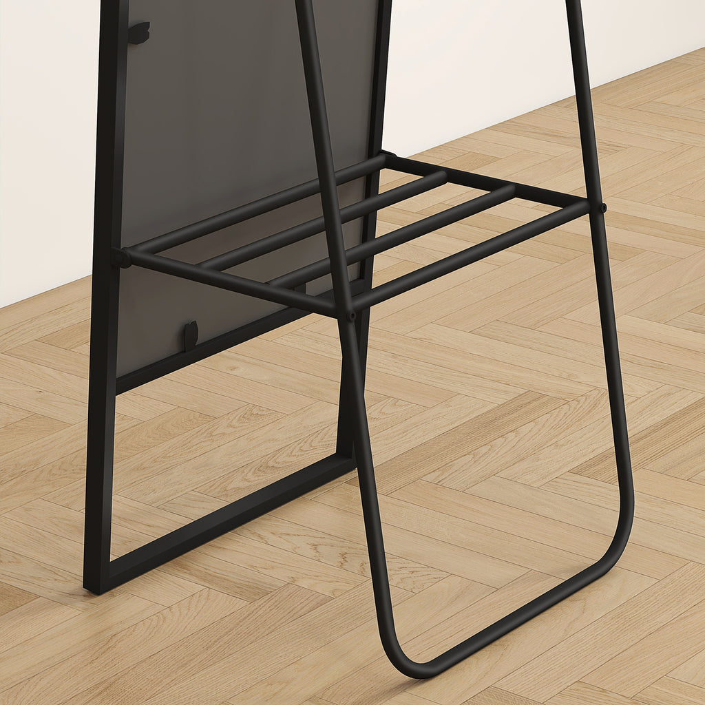 HOMCOM Standspiegel 148,5 x 40 cm rechteckig mit hinterem Regal, 2 Haken und Metallrahmen, Schwarz