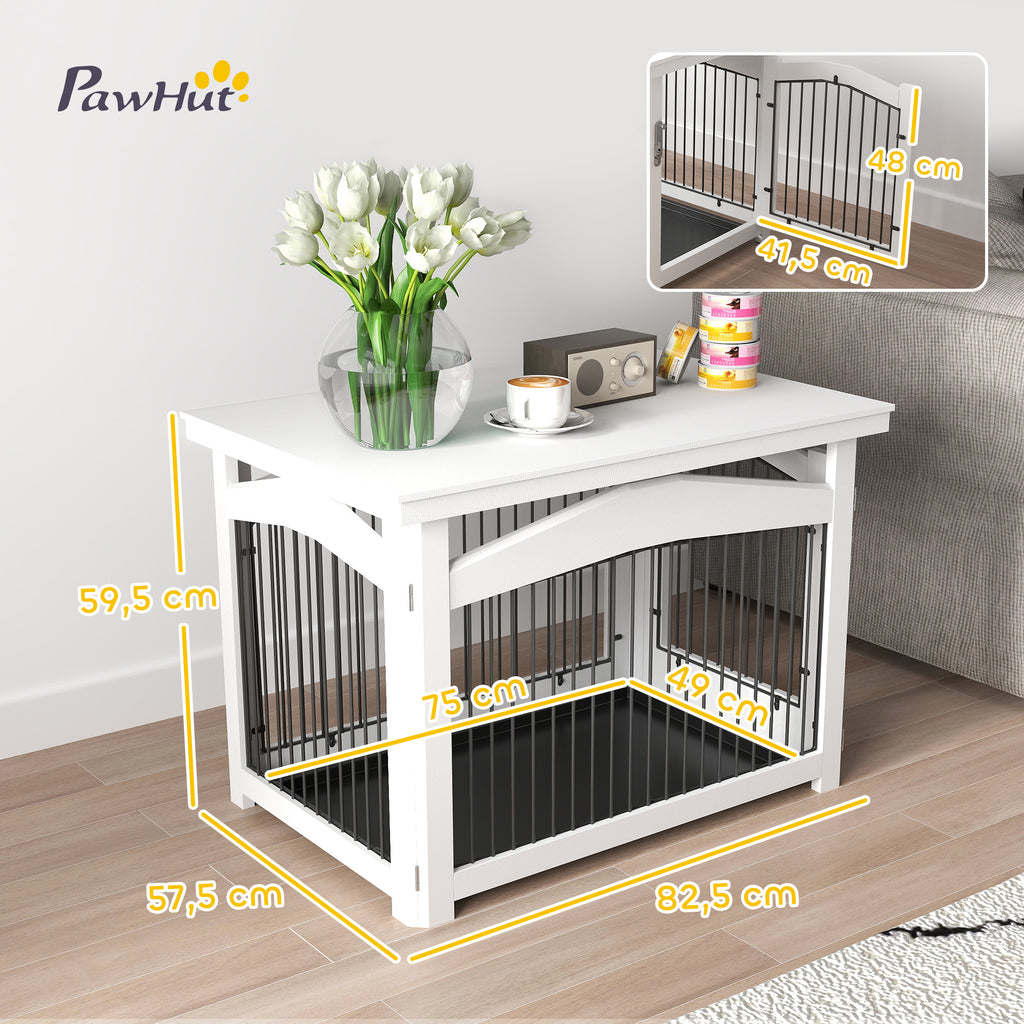 PawHut Hundekäfig 3-in-1 Beistelltisch Hundepark abnehmbares Tablett für mittelgroße Hunde 82,5 x 57,5 x 59,5 cm weiß