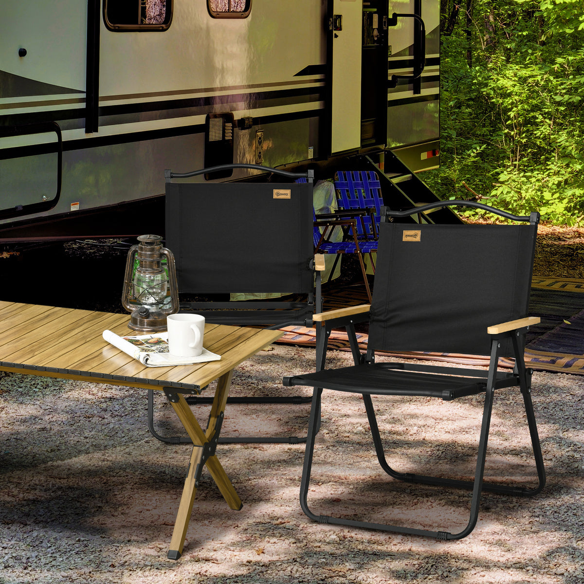 Outsunny Campingstühle, 2 x Strandstuhl, faltbar, Stahl, Holzoptik, Schwarz