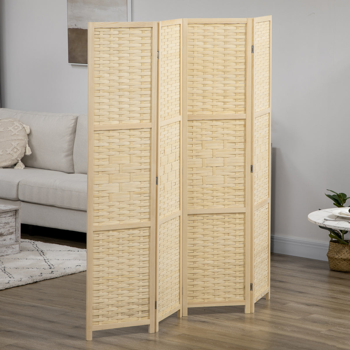HOMCOM Innenraum Raumteiler mit 4 Türen aus Holz und Bambus, faltbar und platzsparend, Höhe 170cm, Braun