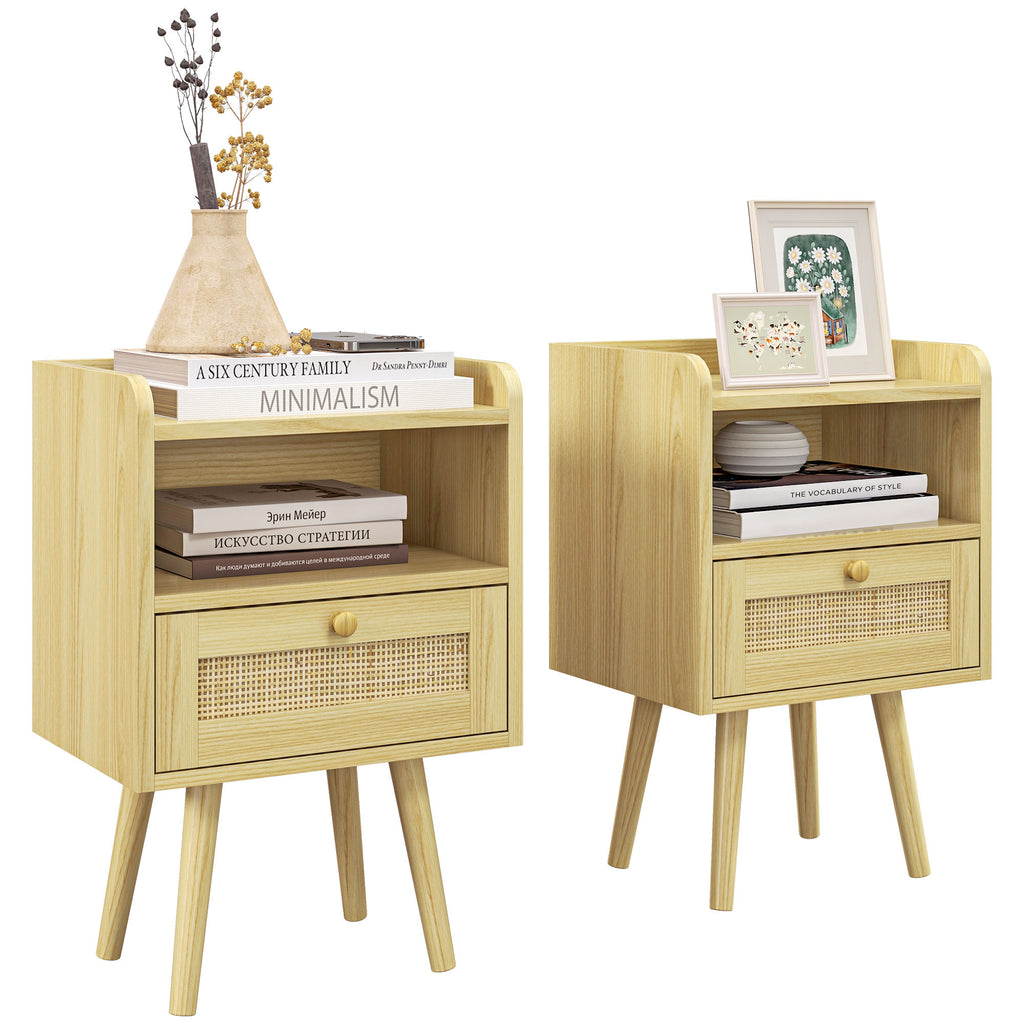 HOMCOM Set mit 2 Nachttischen mit Rattan-Effekt Schublade und offenem Fach, 40 x 30 x 60 cm, Naturholzoptik