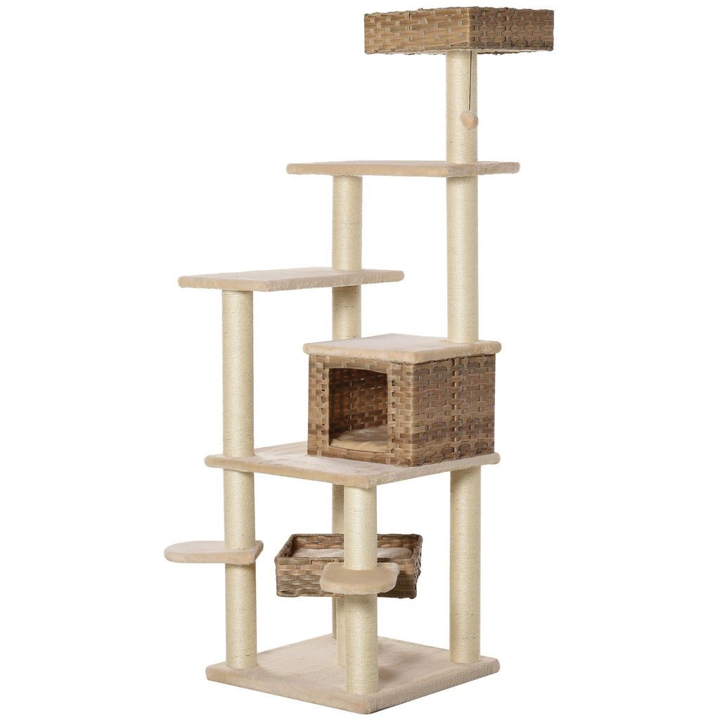 PawHut Rattan Kratzbaum mit Katzenhöhle Mehrstufiger Katzenbaum Kletterbaum für Katzen E1 MDF Sisal Beige+Braun 55 x 55 x 174 cm