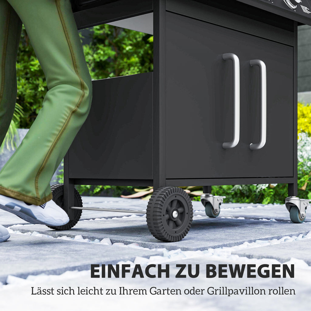 Outsunny Gasgrill 15,2 KW Grillwagen inkl 5 Edelstahl-Brenner Rolle Seitenkocher 129,5 x 56 x 110 cm Schwarz