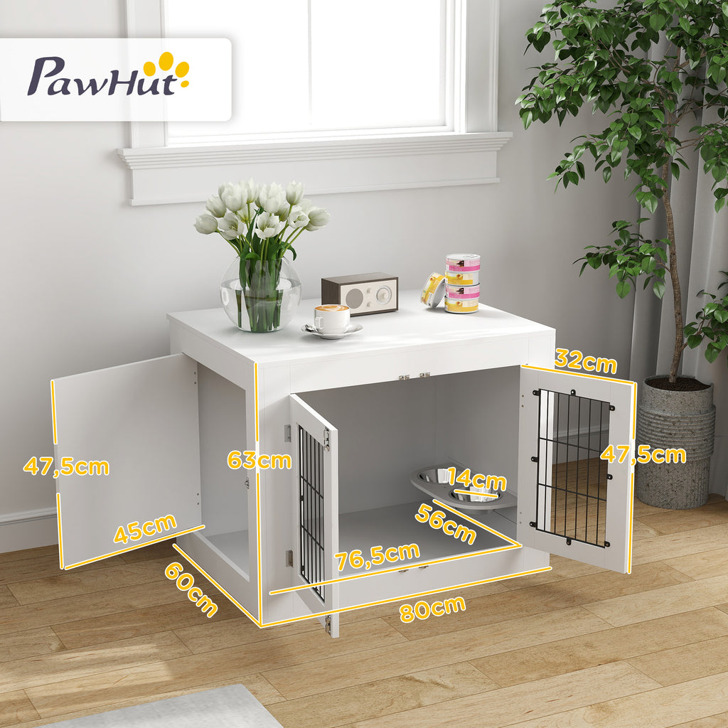 PawHut Hundekäfig für den Innenbereich, Hundekäfig aus Holz, 2 drehbare 360° Näpfe, 2 Türen, mittelgroßer Hund, 80 x 60 x 63 cm weiß