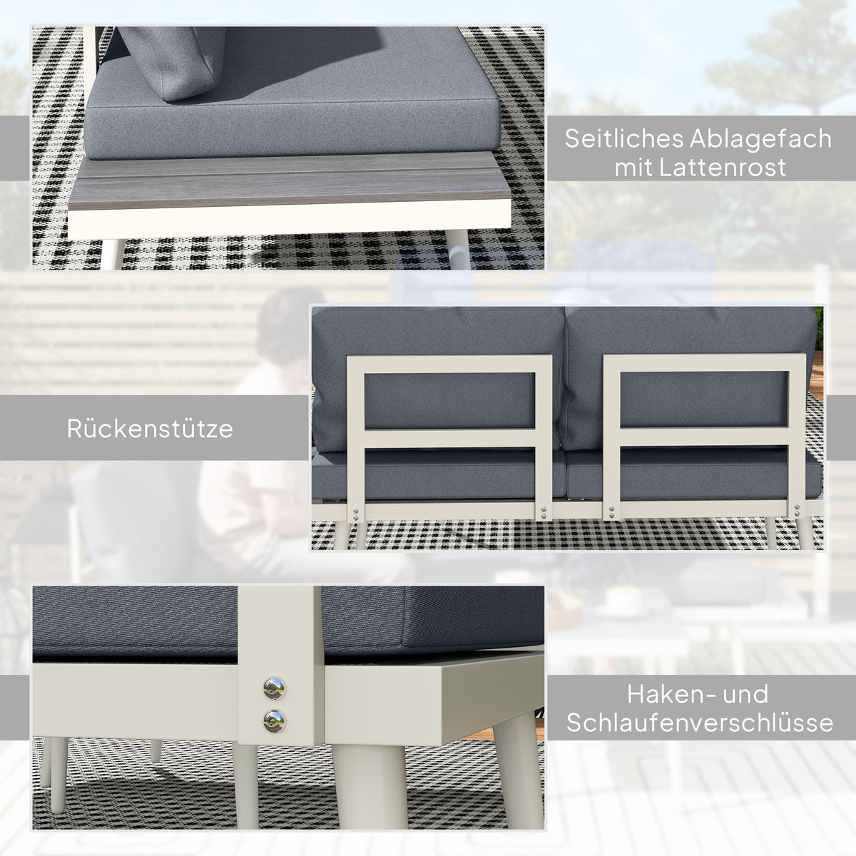 Outsunny Gartenmöbel Set 4 Personen wetterfest Balkonmöbel-Set mit 2er Sofa, Kissen Beistelltisch Stahl Grau