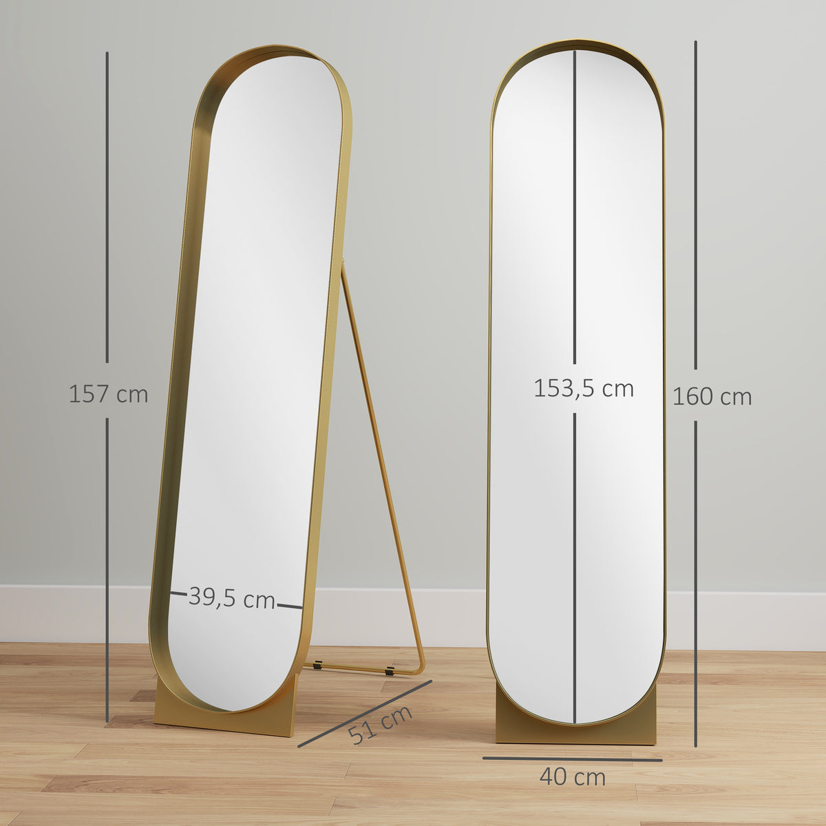 HOMCOM Bodenstehender gewölbter Spiegel 40 x 160 cm Metallrahmen und bruchsichere Folie Boden- oder Wandmontage Gold